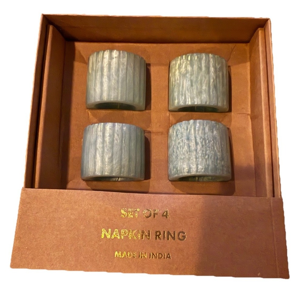 Napkin Rings Blue Ribbed Glass Glossy Set Of 4 New In Box